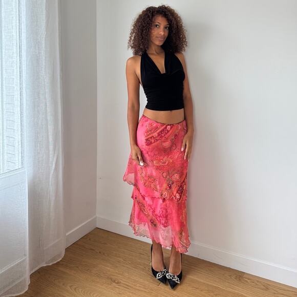 Vintage Silk Mesh Ruffle Midi Skirt (S) - Picture 9 of 11